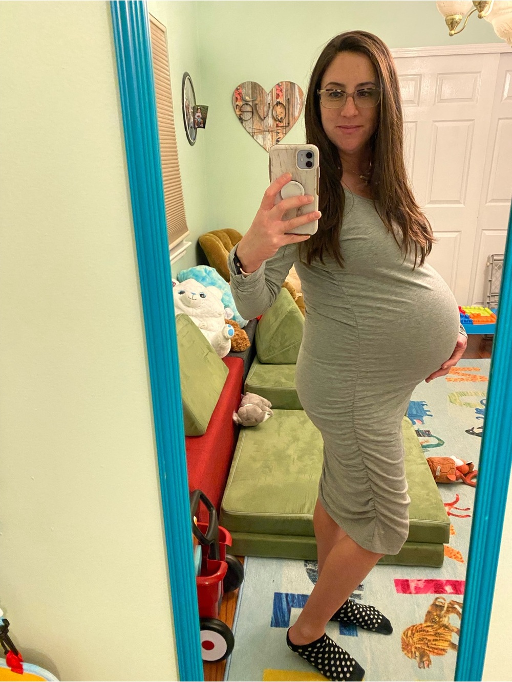 Maternity Midi Dress - Gray Long Sleeve Scoop Neck